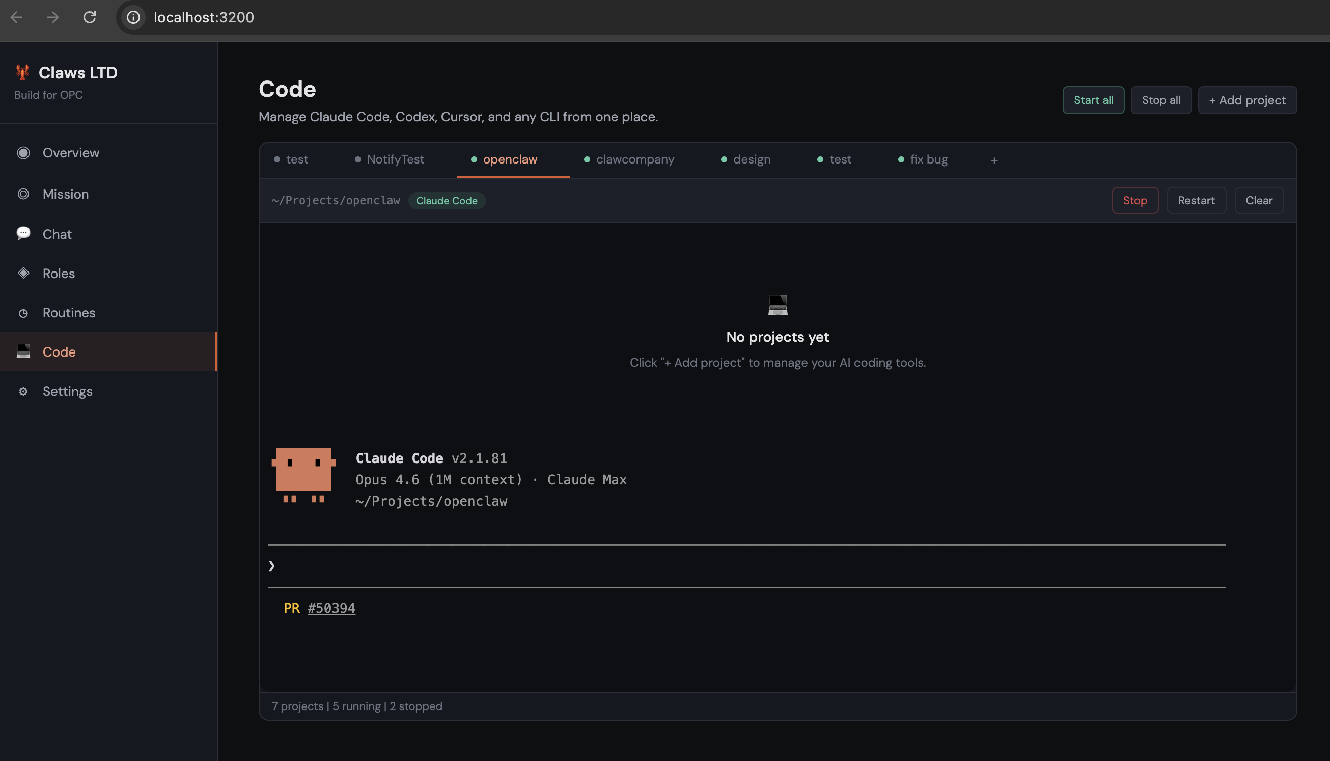 Code Manager — multiple terminal sessions in one dashboard